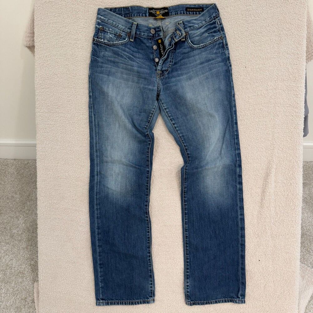 Lucky Brand 221 Slim Straight Jeans Mens 34x31 Button Fly Medium Wash Distressed